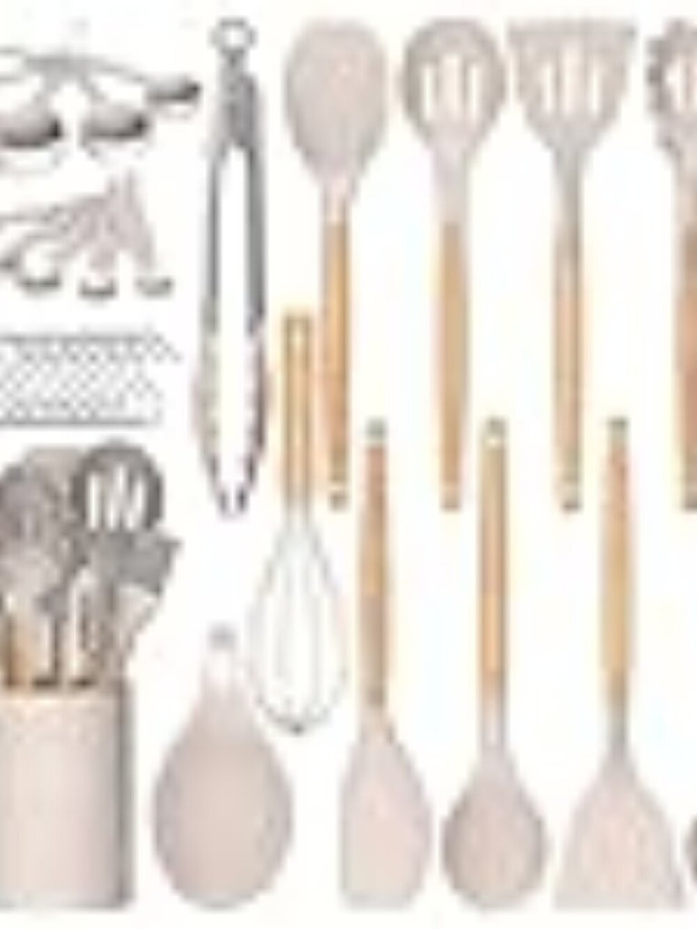 33PCS Silicone Kitchen Utensil Set Nonstick Cooking Tools Wooden Handle Khaki
